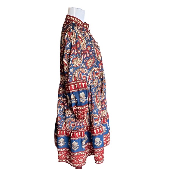 JAIPUR MORNI Paisley Print Long Sleeve Button Front Tiered Mini Dress SZ L Boho - Picture 3 of 9